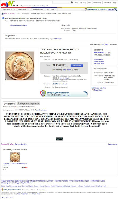 drsarasmiles eBay Listing Using our 1974 One Ounce Gold Krugerrand Obverse Photograph Photograph